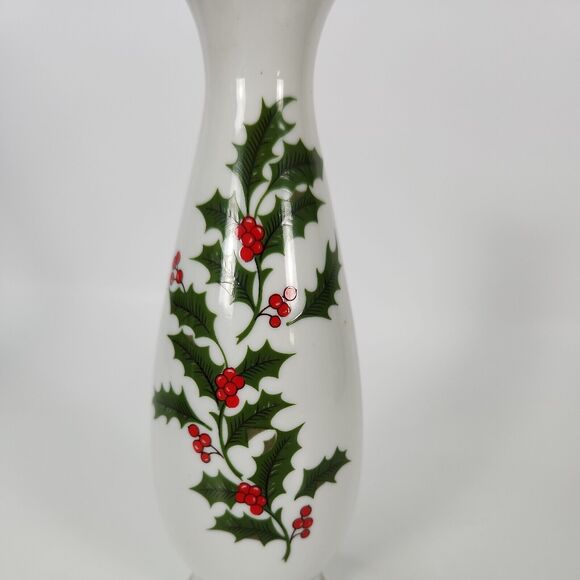 Bud Vase Christmas Holly Berry Holiday Decor White Porcelain 6 1/2" Gold Trim - Picture 9 of 11